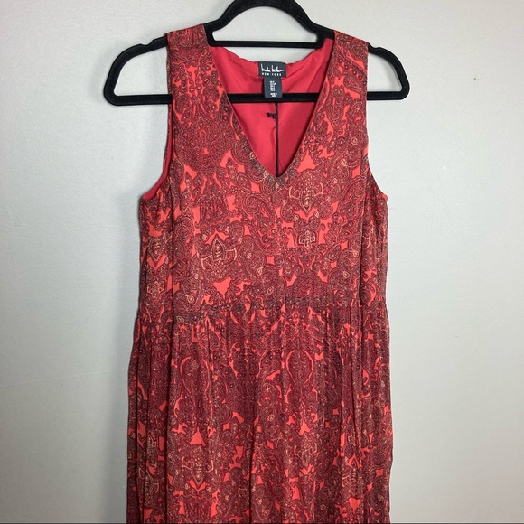 Nicole Miller Maxi Dress Small Tiered V-Neck Embroidered Detail Maroon NWT